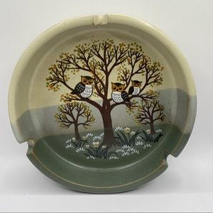 Vintage Stoneware Owls on Tree Ashtray